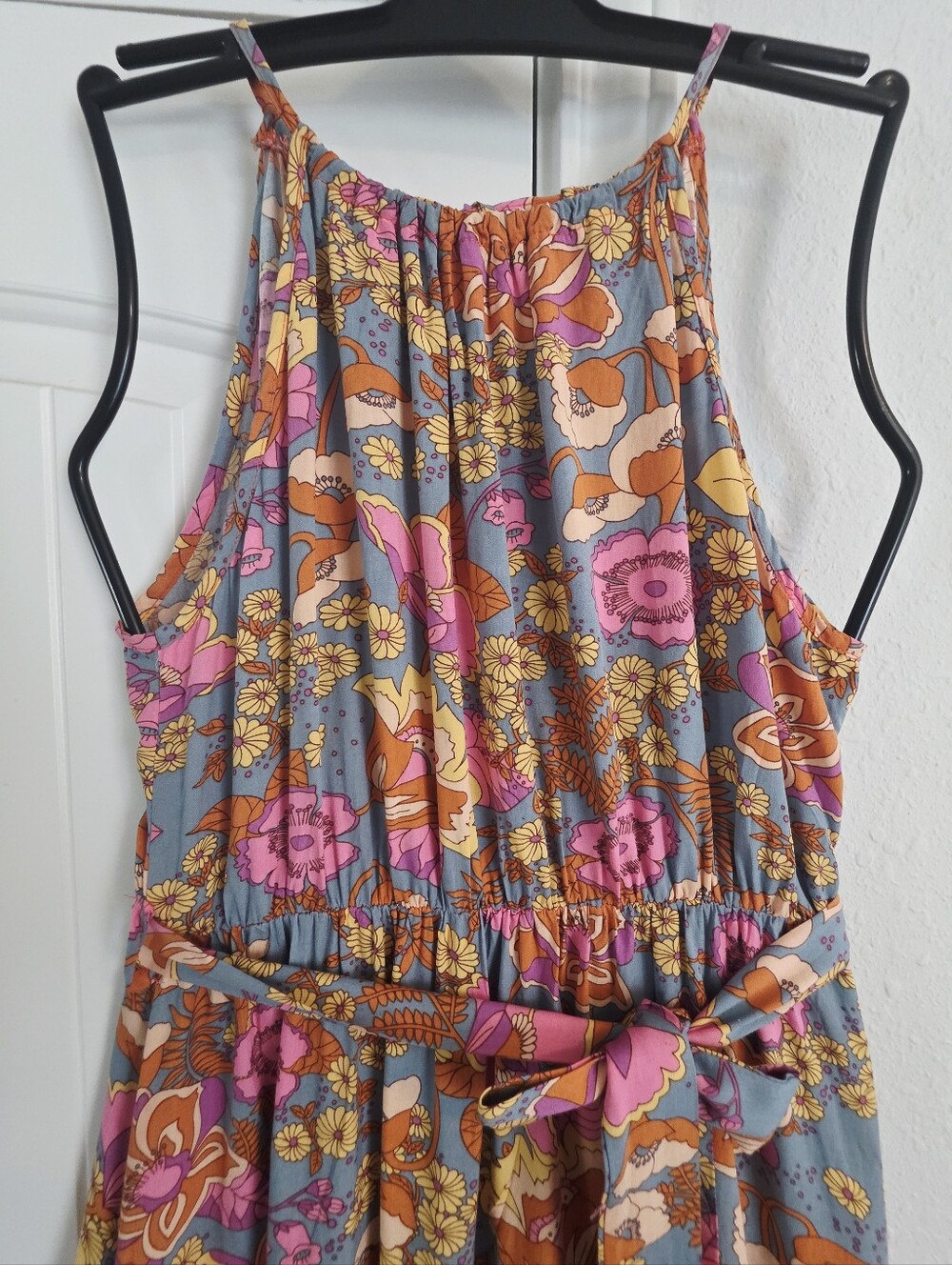 SHEIN Floral Boho Halter Mini Dress Size M Retro Pink Orange - Picture 4 of 10